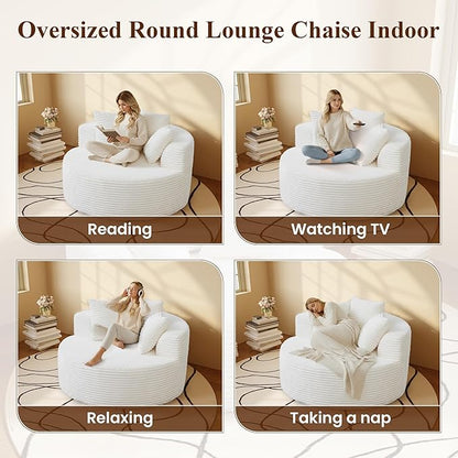 WJShome Oversized Round Chair Lounge Chaise Indoor,Upholstered Corduroy Sofa Bed with 3 Pillows,Comfy Sleeper Boneless Couch,Deep Seat Couches for Living Room, Beige