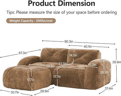 Modular Sectional Sofa with Free Combination,Boneless Floor Couch for Small Spaces, Living Room & Lounge,Velvet 2-Seater Sectional Couch with Ottoman,No Assembly Needed