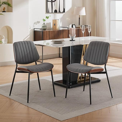 YaFiti Dining Chairs Set of 2, Mid Century Modern Accent Dining Room and Kitchen Chairs, Upholstered PU Leather Vertical Stripe Chairs for Vanity with Walnut Bentwood and Metal Legs, Gray