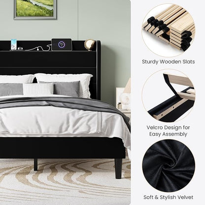 SHA CERLIN Queen Bed Frame with Charging Station, Velvet Upholstered Platform Bed, Wingback Storage Headboard, Type-C & USB Ports, Strong Wooden Slats, No Box Spring Needed, Easy Assembly, Black
