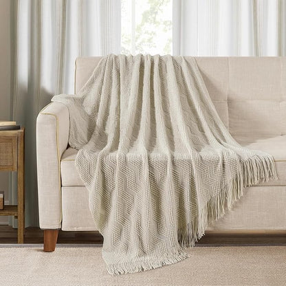 BOURINA Beige Throw Blanket 50x60 Inches Throw Textured Solid Soft Ripple Throws and Blankets for Sofa or Bed Knitted Decorative Bla
