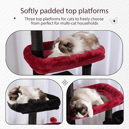 Hey-brother Cat Tree Tower, Scratching Posts with a Extended Part, Wide Platforms, Cozy Condos, Hammocks, Sisal Columns and Ball for Indoor Cats, 70.1 Inches, Black and Red MPJ038BR