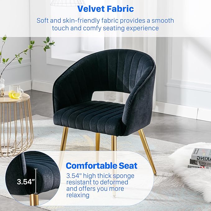 KCC Modern Accent Dining Chairs Set of 4, Upholstered Velvet Dining Room Chairs with Hollow Back, Tufted Kitchen Chairs Side Chairs with Gold Metal Legs for Living Room Restaurant, Black