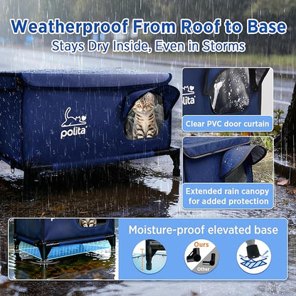Rugged Heated Cat House for Outdoor Cats in Winter, Extremely Insulated & 100% Weatherproof, Elevated Feral Cat Shelter with Waterproof Eaves & Safe Escape Door for Stray & Barn Cats