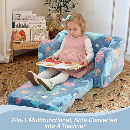 MeMoreCool Folding Toddler Chair, Glow-in-The-Dark Soft Plush Kids Fold-Out Couch Sofa, Comfy Baby Recliner for Girls and Boys (Denim Mermaid)