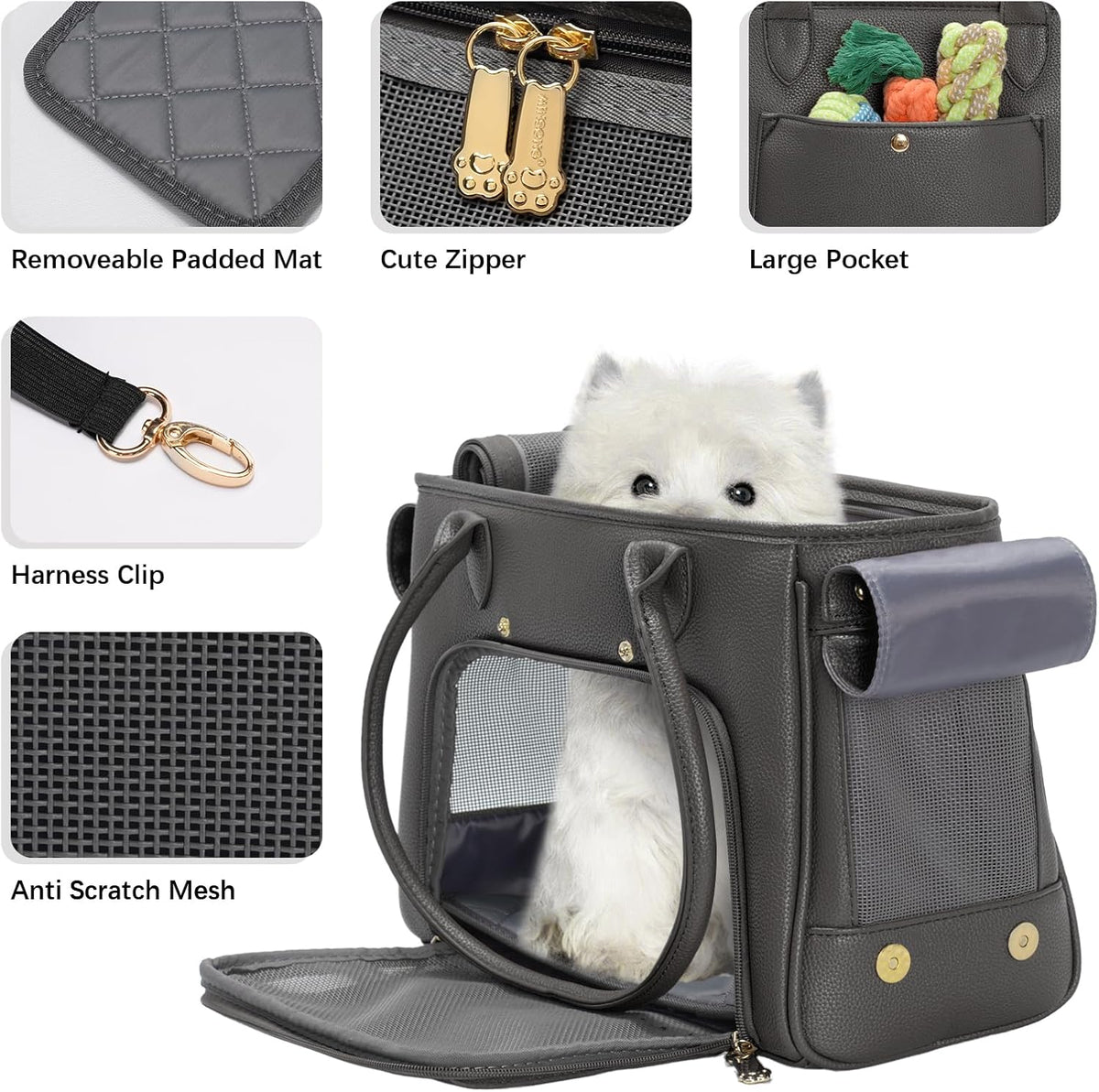 Minsong Fashion Pet Carrier Purse for Small Cat and Dog, Luxury Pu Soft-Sided Tote Bag with Large Pockets for Dogs and Puppies (Black, 13.6" L x 6" W x 10.0" H)