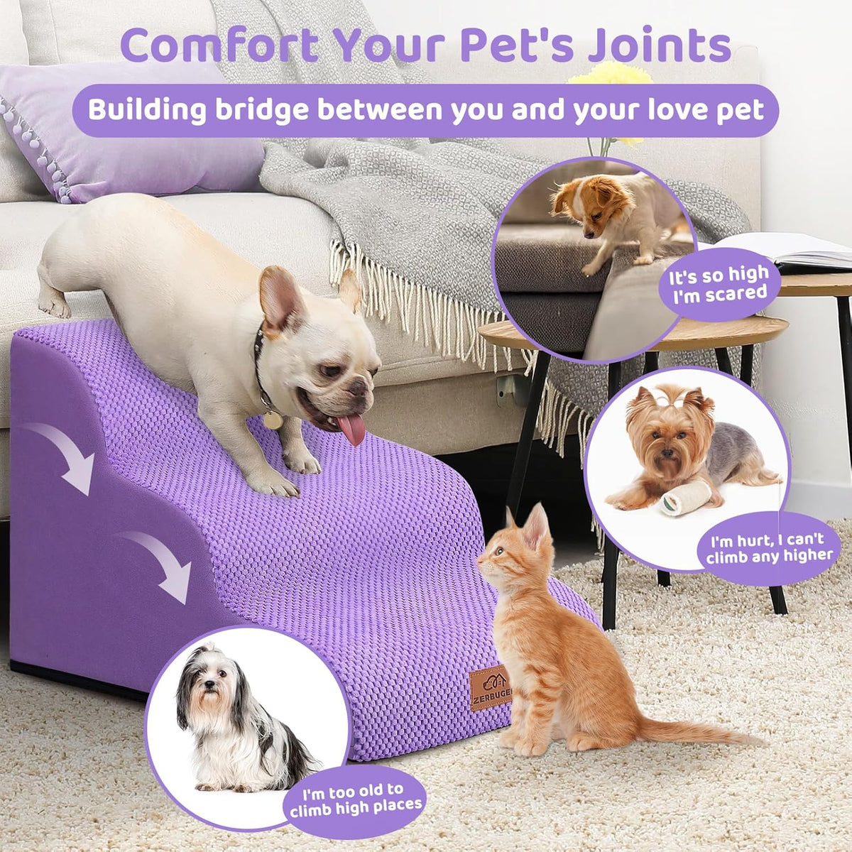 Dog Ramp and Stair for Bed 16" H-20 H,3-Step Cat Stair for Sofa and Chair,4-Step Dog Ramp for High Bed and Window,Durable Nonslip Fabric Stair for Indoor (Purple-16 H, Pet Friendly, 3)