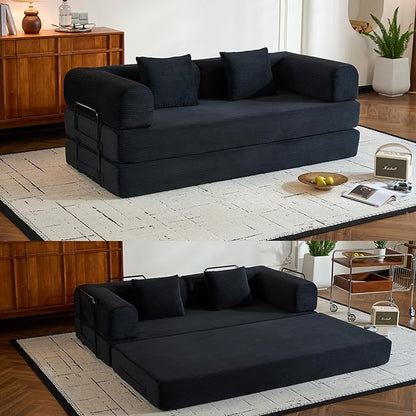 Convertible Sleeper Sofa Bed with Fixed-Shape Frame, Corduroy Folding Boneless Couch with Cylindrical Pillow, Comfy Floor Sofa Couch for Living Room, No Assembly Required, Black
