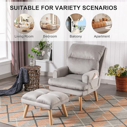 CANMOV Modern Accent Chair with Ottoman, Soft Fabric Armchair with Adjustable Backrest and Side Pockets, Comfy Lounge Chair for Living Room, Bedroom, Apartment, Office, Grey