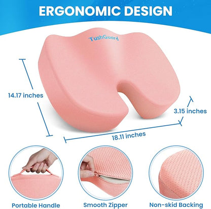 TushGuard Seat Cushion for Office Chair Memory Foam Non-Slip Cushion Back, Relief Chair Pad, Butt Pillow for Office Chair, Car, Computer Desk, Pink