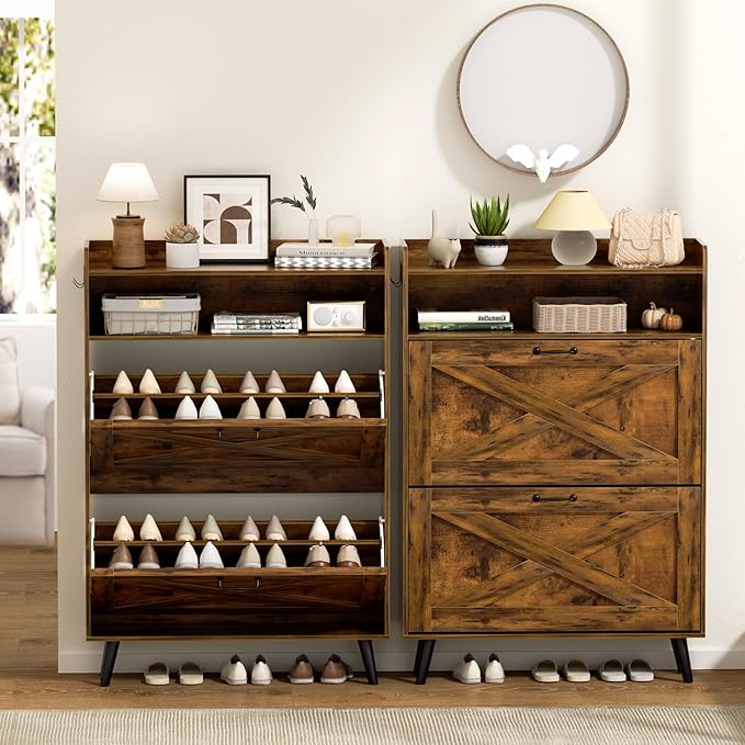 EOYUTLLY Shoe Cabinet with Bench, Entryway Shoe Organizer with 2 Flip Drawers &