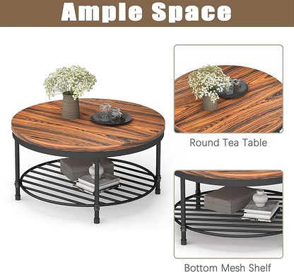 NSdirect 36" Round Coffee Table with Storage Shelf, Dark Grey Brown Vintage Wood Top & Metal Legs - 18.5" Height End Table for Small Spaces (Dark Red Brown)