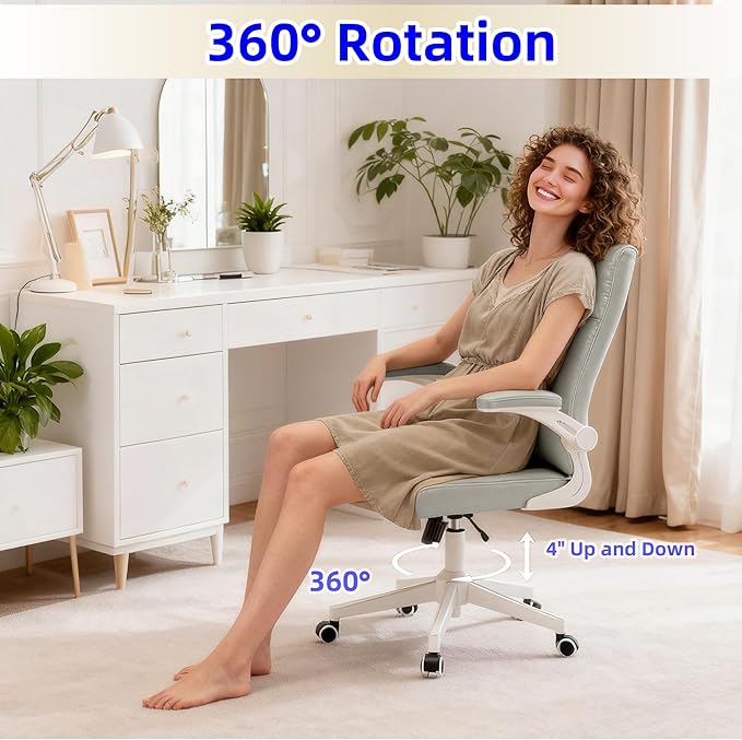 Ergonomic Home Office Desk Chair with Space Saving Flip-Up Arms, 360° Swivel & Reclining Back, Executive Chair in Soft Faux Leather Chair Multi-Angle from 90° to 135° with 450LBS Capacity（Gray）