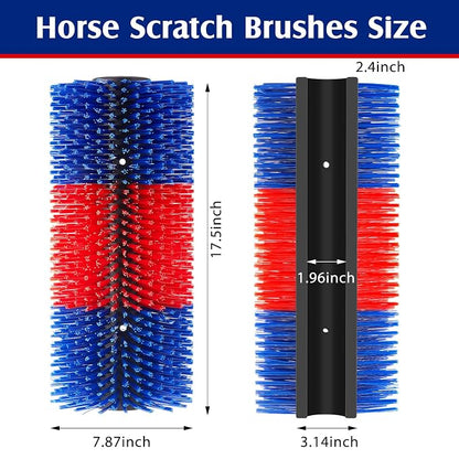 3 Pack Livestock Scratching Brush, Blue and Red | Animal Scratcher, Itch Relief Grooming, Horse Goat Cow Scratcher, Fence Post Mounting, Durable Bristles, Farm Livestock Care