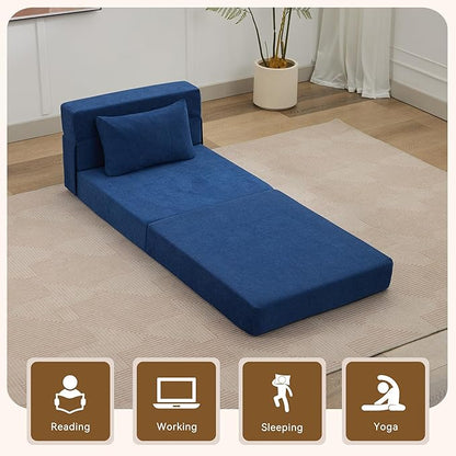 Folding Sofa Bed Convertible Floor Couch Foldable Chair Bed with Pillow，Linen Sleeper Chair Futon,Foldable Memory Foam Mattress for Bedroom/Living Room/Dorm/Office (Navy, Single)
