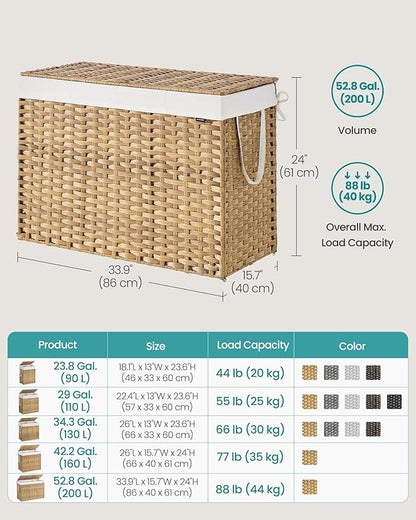 SONGMICS Laundry Hamper with Lid, 200 L Clothes Hamper with 2 Removable Liner Bags, 6 Mesh Bags, Wicker Laundry Basket, Double Laundry Hamper for Bathroom, 15.7 x 33.9 x 24 Inches, Natural ULCB452Y01
