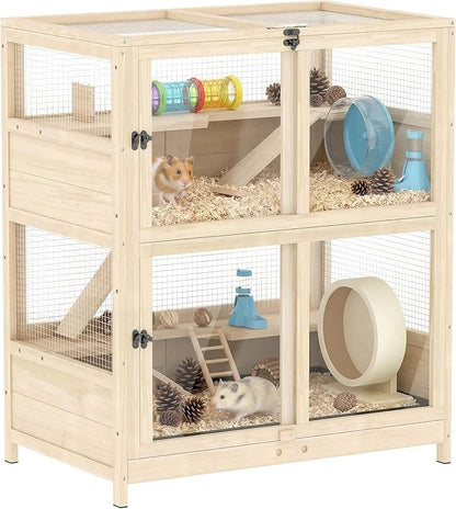 PawHut Wooden Hamster Cage, 4 Tier Small Animal Cage with Mesh Flip Roof, Pull-Out Tray, Huts, Seesaws, Ramps and Water Bottles, Hamster Habitat for Dwarf Syrian Mice Gerbil, 33" x 21" x 36"