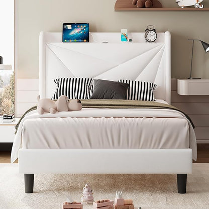 iPormis Twin Size Bed Frame with Charging Station, Velvet Platform Bed Frame with Wingback Headboard Upholstered Bedframe, Solid Wood Slats Support, No Box Spring Needed, Easy Assembly, White