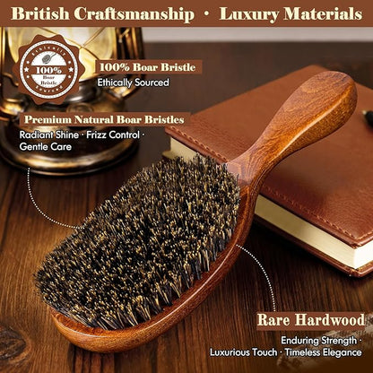 100% Boar Bristle Hair Brush Since 1965 British Craftsmanship | Handmade Natural Wooden Slick Back Hairbrush, Soft Bristles Gentle Smoothing Women Men Kids Thin Fine Hair, Anti Breakage