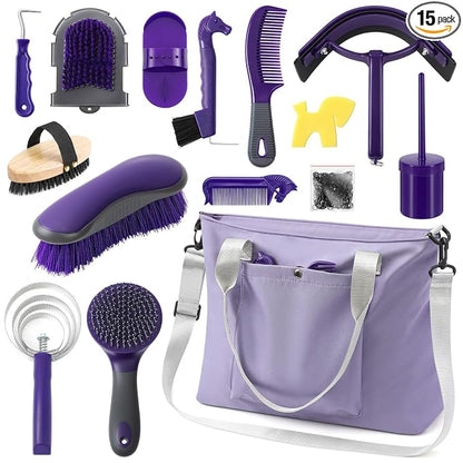 Abbylike 15 Pieces Horse Grooming Kit with Organizer Tote Bag Tack Room Supplies Horse Brush Sets Care Equine Cleaning Kit Shedding Grooming Massaging Tools(Purple and Grey)