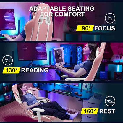 GTPLAYER Gaming Chair with Footrest, Ergonomic Computer Game Desk Chair, Reclining Game Chair Seat Height Adjustment, Swivel Rocker with Headrest and Lumbar (Pink)