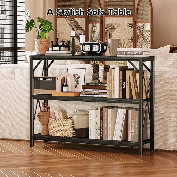 Homeiju Entry Table 40" Width, 3-Tier Entryway Table with Storage, Industrial Sofa Table with Open Shelves, Foyer Tables for Entryway, Hallway, Kitchen, Living Room and Bedroom, Black