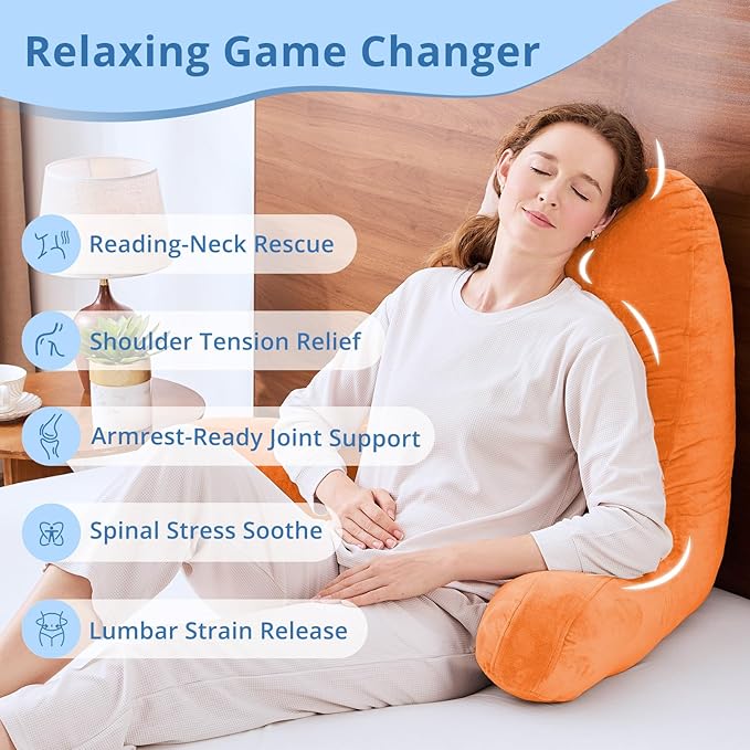 Sasttie 25-inch Reading Pillows for Sitting in Bed Adult, Jumbo Velvet Back Pillow Bed Sitting Up, XL High Back-Rest Support Cushion for Sit Up on Couch & Floor, Oeko-Tex Certified, Orange