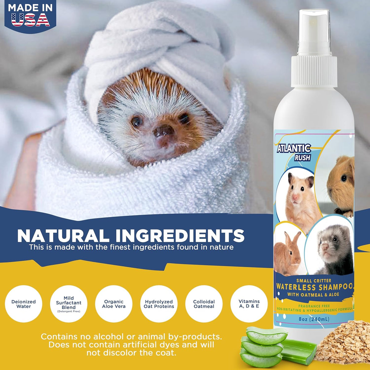Waterless Shampoo for Small Critters - 8oz Fragrance Free, Cruelty Free Dry Shampoo - No Rinse for Pet Ferrets, Guinea Pigs, Hedgehogs, Sugar Gliders, Rabbits & Hamsters