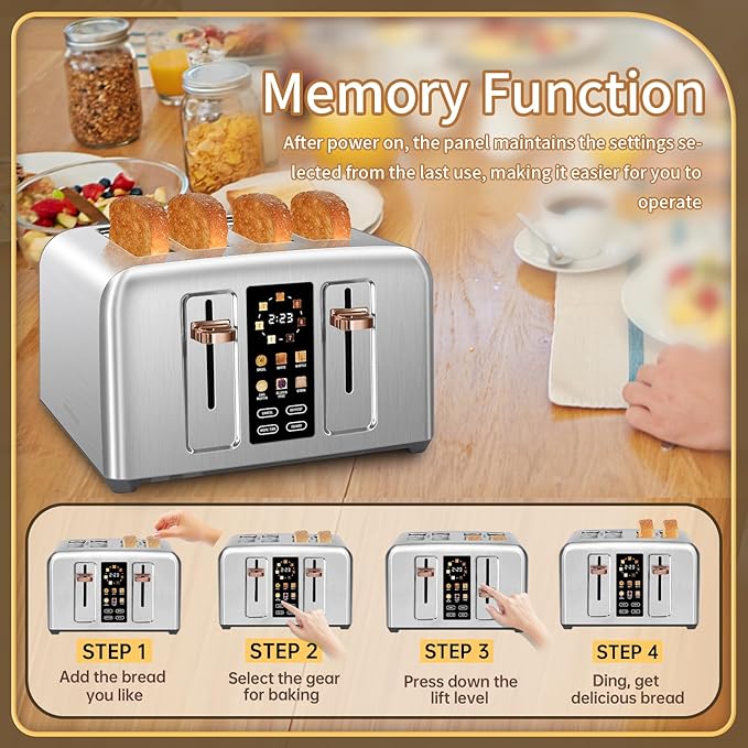 SEEDEEM Toaster 4 Slice, Stainless Toaster & Touch Control, LCD Display