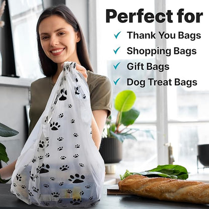 T-Shirt Bags – Paw Print Design - 50 Pack - Thank You & Shopping Bags - Cat or Dog - 22" L x 12" W x 7" Plastic (White, 50)