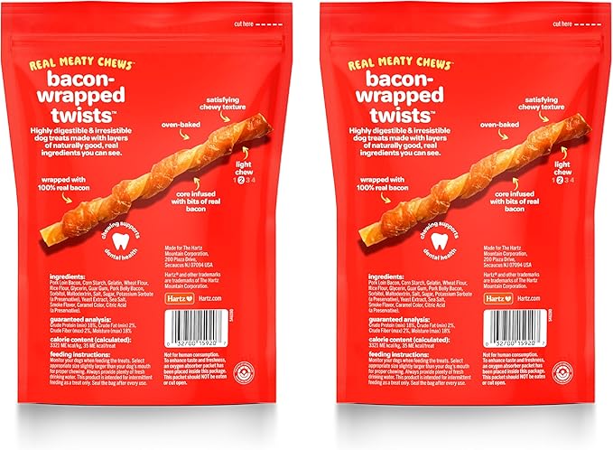 Hartz New Oinkies Bacon Wrapped Twists, Real Meaty Chews with 100% Real Bacon and No Beefhide, 28 Count