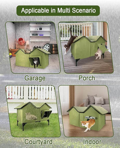 Extra Wide Large Cat Houses for Outdoor Cats Weatherproof, Elevated Waterproof Outdoor Cat House, Outside Stray Cat Shelter for Multiple Cats Small Dogs (Green, Unheated)