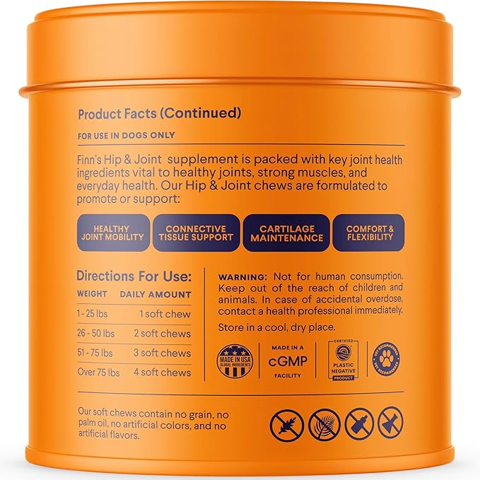 Finn Hip and Joint Supplement for Dogs | Glucosamine, Chondroitin & MSM for Joint and Mobility Support | with Turmeric, BioPerine and B-Vitamins | 90 Soft Chews