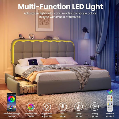 Queen Size Bed Frame with 4 Storage Drawers and LED, Adjustable Clouds Headborad, Velvet Upholstered Platform Queen Bed Frame with Charing Station, Wood Slats Support, No Box Spring Needed,Grey