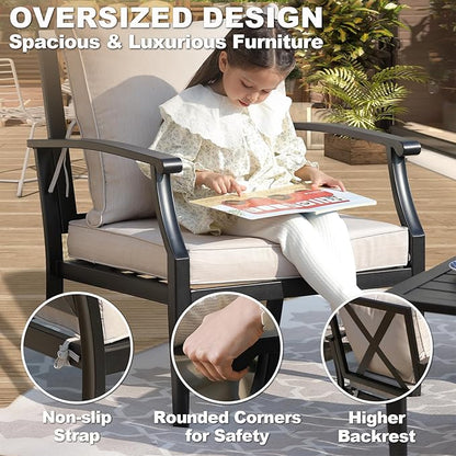 SunloungeCo 4-Piece Patio Furniture Set, Wider Outdoor Metal Seating Sofa with High Back & Loveseat, Coffee Table, All Weather Metal Conversation Set for Backyard, Poolside, Deck-Beige