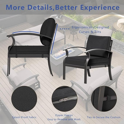 RTDTD Aluminum Outdoor Patio Furniture Set,4 Pieces 7 Seats Patio Conversation Sets with 45" Propane Fire Pit Table,Metal Patio Sectional Furniture Set w/5.1" Cushions for Porch,Deck,Backyard,Black