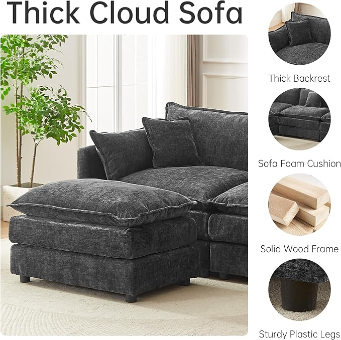 saows Modular Sectional Sofa, 112.2 Inch U Shaped Couch Set with Armrests, 3-Seater Comfy Cloud Couches with Movable Ottoman for Living Room Apartment, Grey