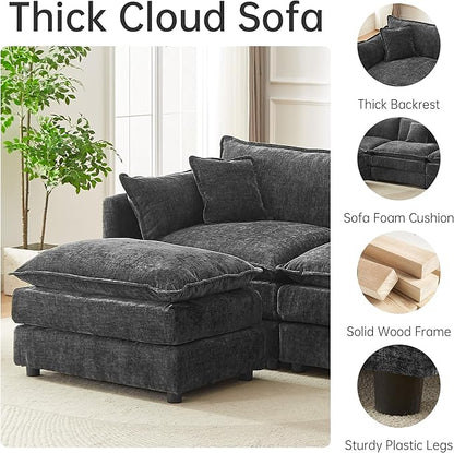 saows Modular Sectional Sofa, 112.2 Inch U Shaped Couch Set with Armrests, 3-Seater Comfy Cloud Couches with Movable Ottoman for Living Room Apartment, Grey
