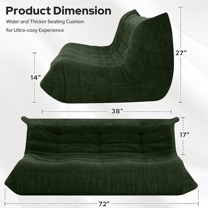 HABUTWAY Bean Bag Chairs Fireside Lazy Floor Sofa, Soft Teddy Fleece 3 Seater Sofa with High-Resilience Foam Filling，Beanbag for Living Room, Bedroom, Office (Green Teddy)