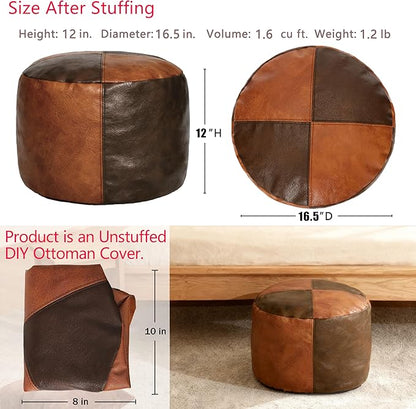 Thgonwid Unstuffed Faux Leather Pouf Cover, Handmade Footstool Ottoman Storage Solution, Floor Footrest Cushion - 16.5”Dx12”H, Brown & Coffee