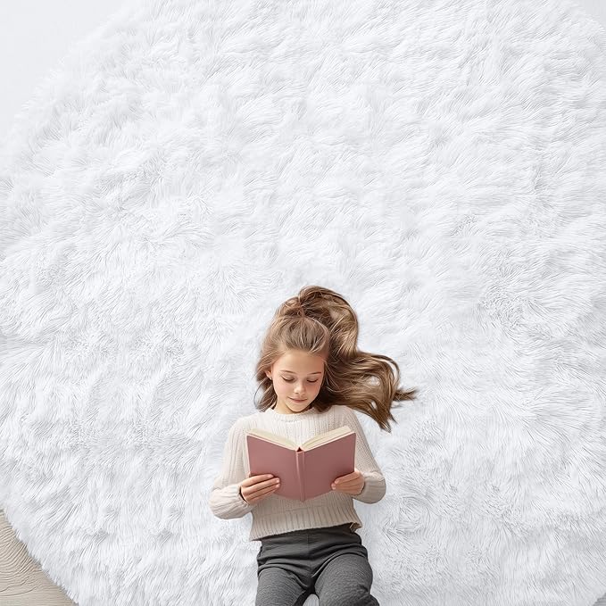 OLANLY White Round Rugs for Bedroom - Machine Washable, 9 ft Circle Area Rugs for Living Room, Soft and Fluffy Shaggy Carpet for Teen Girls and Boys, Nursery Rooms, Dorms, Home Decor Aesthetic