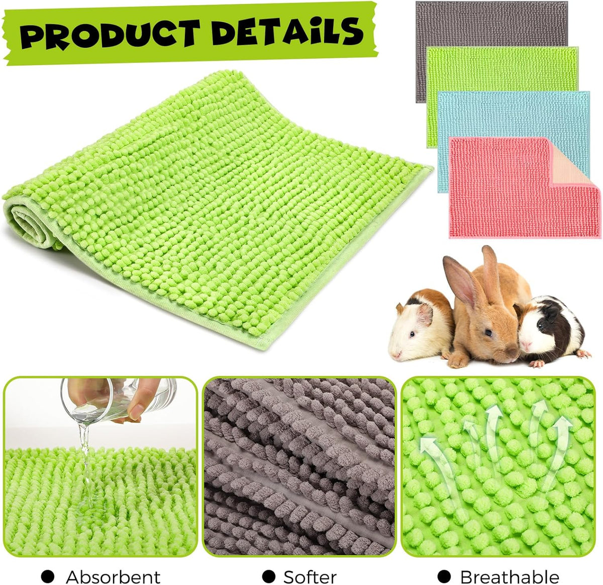 Barydat 8 Pcs Guinea Pig Cage Liner for Guinea Pig Cage Bedding Reusable Rabbit Mat Pad Washable Training Pad Animal Sleeping Bedding Mat(16x12'',Gray, Green, Pink, Blue)