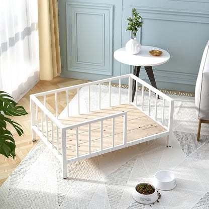 Dog Bed with Rails - Elevated Pet Metal Bed Frame with Solid Wood Board and Washable Soft Mat for Medium Dog Indoor or Outdoor Use, 25.2" x 37.8", White