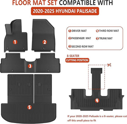 KARPAL Floor Mats Fit for Hyundai Palisade 2020-2025 (7-Seat/8-Seat), All Weather TPE Car Mats Cargo Liners Guard Accessories, 1st & 2nd & 3rd Row & Cargo Liners