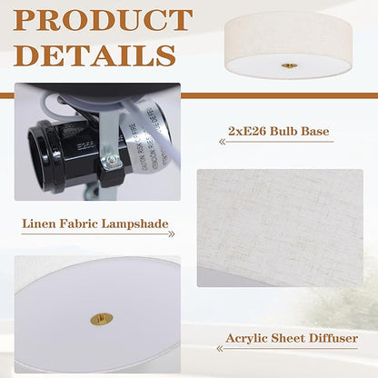 12.6 Inch Flush Mount Ceiling Light Gold Ceiling Fixture 2-Light Drum Modern Lights Close to Lights Fixture with Fabric Shade for Living Room Hallway Entryway Bedroom