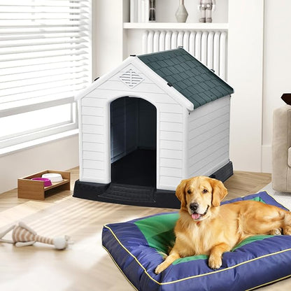 DWVO Plastic Dog House, Weatherproof Outdoor/Indoor Doghouse, Puppy Kennel with Air Vents and Elevated Floor