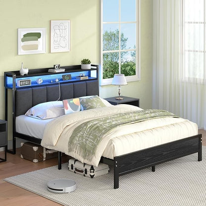 Queen Bed Frame with LED Lights and Charging Station, Metal Platform Bed Frame Queen Size with Upholstered Storage Headboard, Heavy Duty Metal Slats, No Box Spring Needed, Easy Assembly, Dark Grey