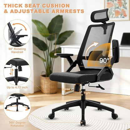 Msdizuo Office Chair Ergonomic Desk Chair, 350LBS Capacity, High Back Computer Chair for Long Hours Comfortable, Rolling Swivel Executive Task Chair for Home Office with Flip-up Armrests,（mesh,Black）