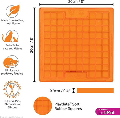 LickiMat Classic Playdate, Cat Slow Feeder Lick Mat, Boredom Anxiety Reducer; Perfect for Food, Treats, Yogurt, or Peanut Butter. Fun Alternative to a Slow Feed Cat Bowl or Dish, Orange