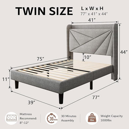 iPormis Twin Size Bed Frame with Charging Station, Linen Platform Bed Frame with Wingback Headboard Upholstered Bedframe, Solid Wood Slats Support, No Box Spring Needed, Easy Assembly, Light Grey